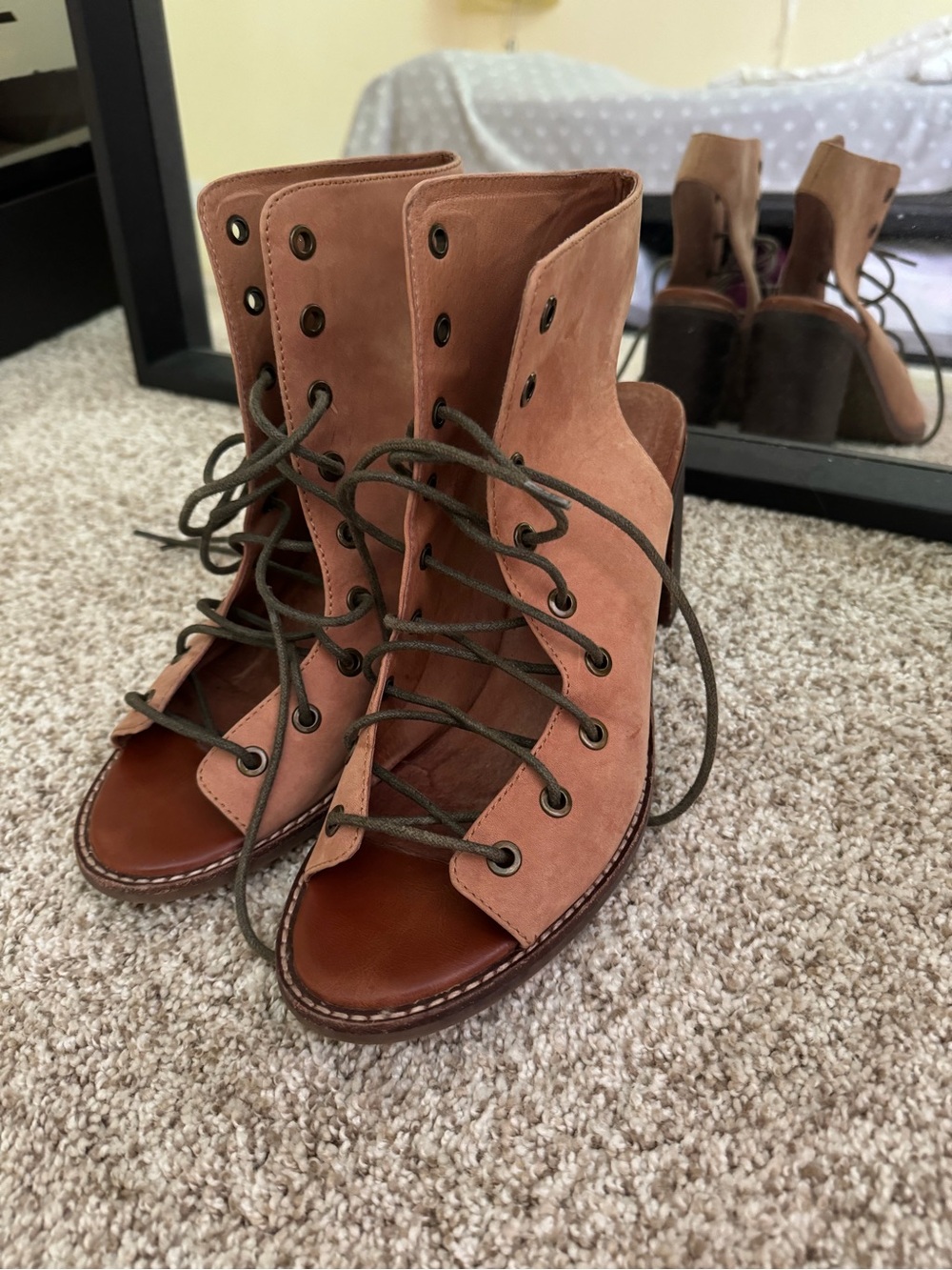 Free People Pink Suede Lace-Up Open-Toe Boots
